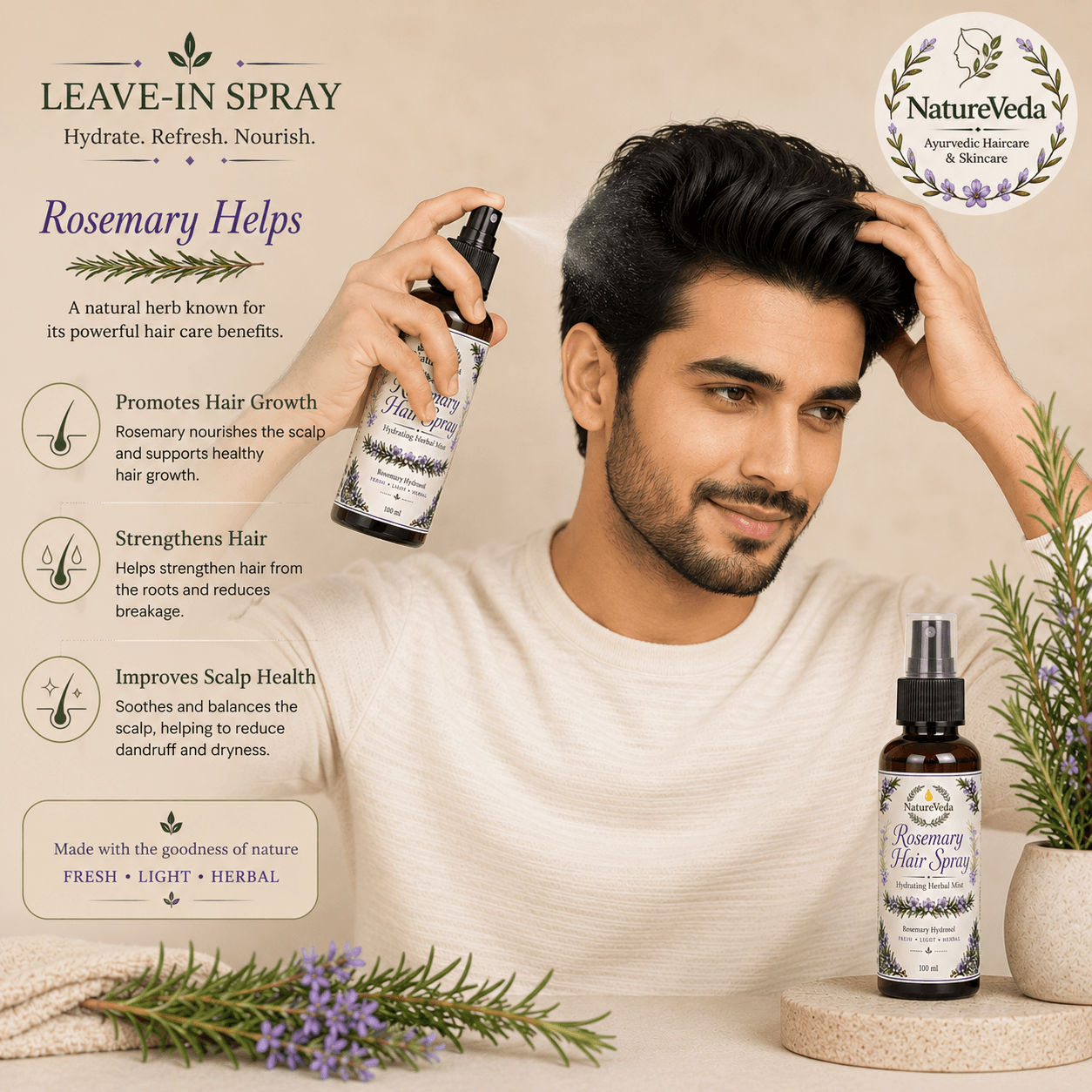 Rosemary Hair Spray | Leave-In Rosemary Hydrosol Hair Mist | Nature Veda - Image 4