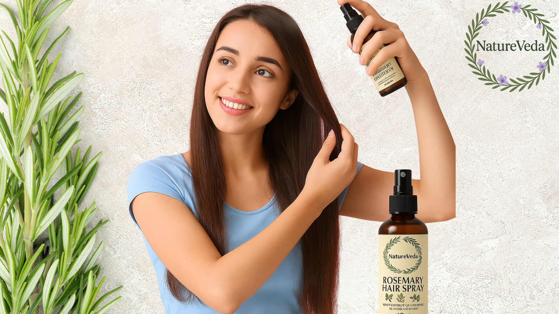 Woman spraying Nature Veda Rosemary Hair Spray on hair for shine