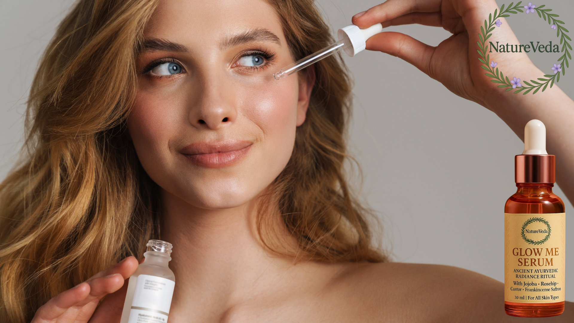 Woman applying Nature Veda Glow Me Serum to face for radiant skin
