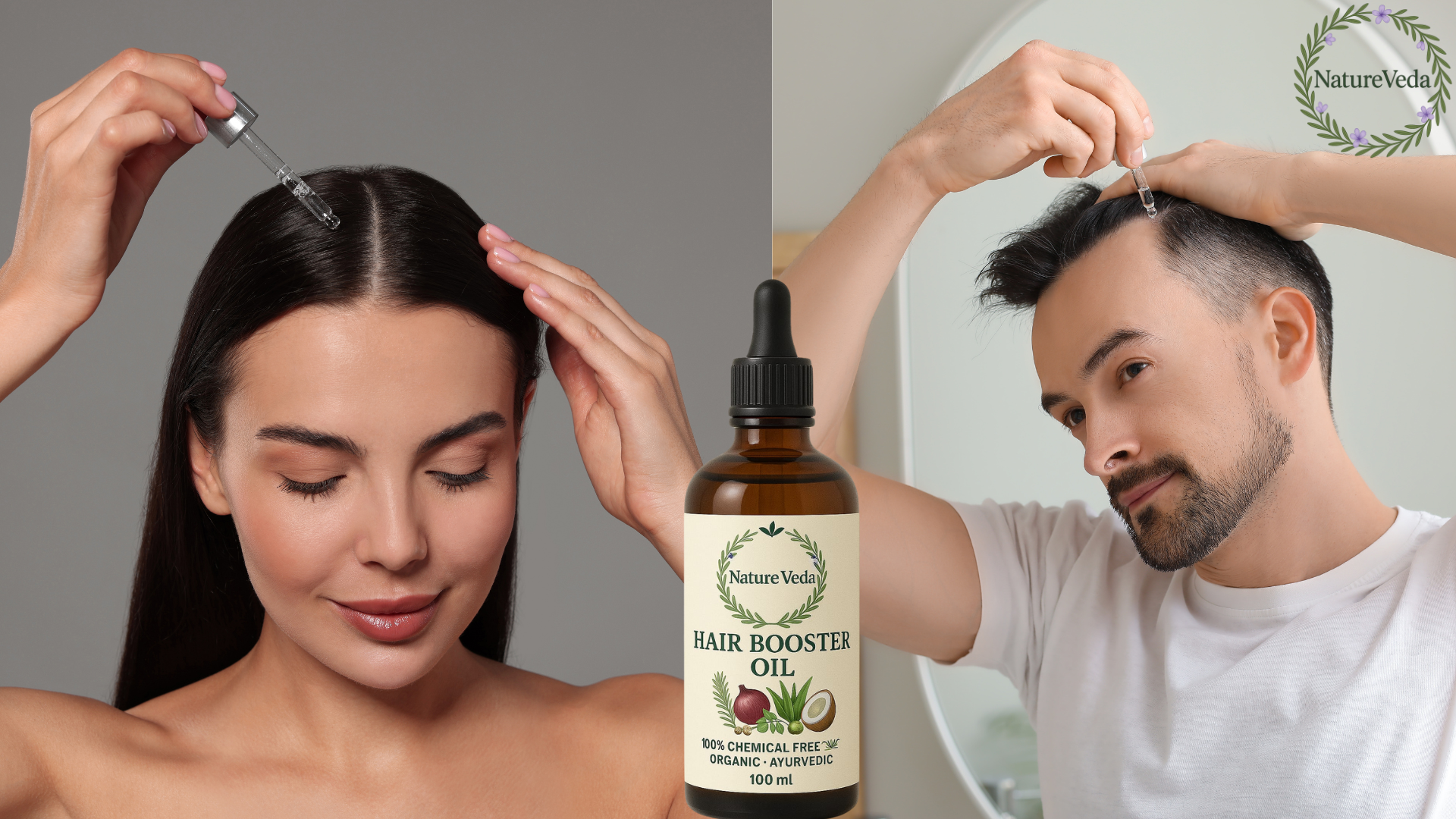 Bottle of Nature Veda Hair Booster Oil with amla, hibiscus, and herbal ingredients